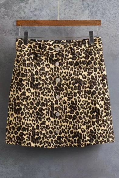 Sexy Leopard Printed Single Breasted Mini Bodycon Skirt