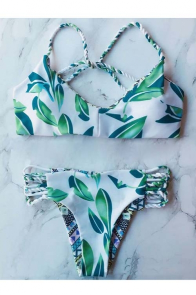 Women's Leaves Printed Crisscross Back Bikinis Swimwear