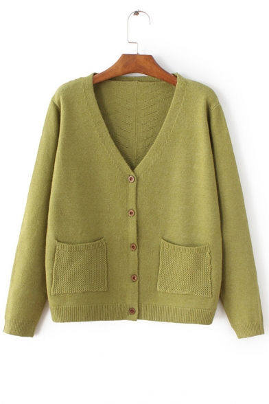Women's V-Neck Long Sleeve Buttons Down Plain Knit Cardigan with Double Pockets