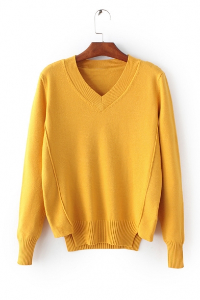Asymmetric Split Hem V-Neck Long Sleeve Plain Sweater