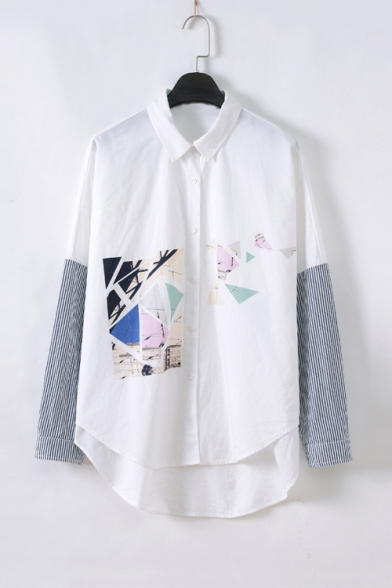Casual High Low Hem Striped Long Sleeve Single Breasted Geometric Printed Shirt