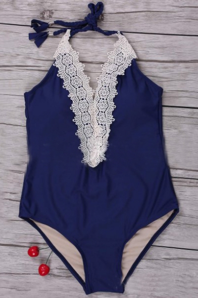 New Arrival Fashion Lace Patched Plunge Neck Halter Open Back One Piece Swimwear