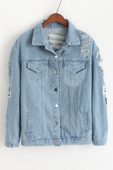 New Arrival Stylish Lapel Collar Long Sleeve Ripped Patched Single Breasted Denim Jacket