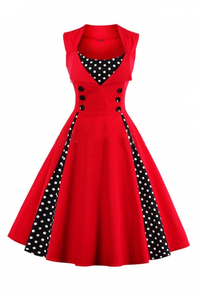 Retro Stylish Scoop Neck Sleeveless Polka Dots Midi Fit & Flare Dress with Button Embellished