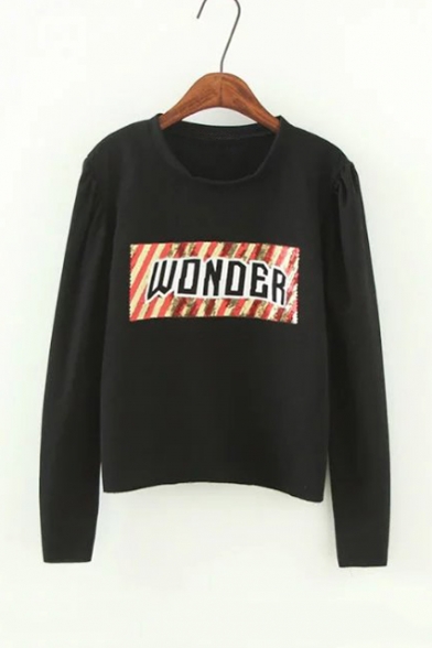 Sequined Color Block WONDER Letter Appliqued Round Neck Pullover Sweatshirt