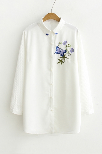 Women's Basic Butterfly Floral Embroidery Long Sleeve Lapel Collar Casual Tunic Shirt