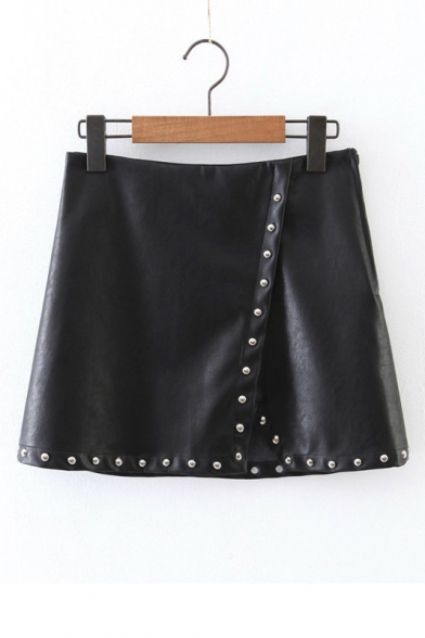 Women's Fashion Zip Side Leather Wrap Studded A-Line Mini Skirt