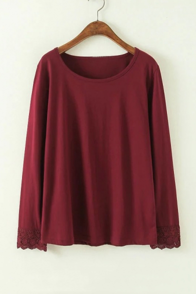 Basic Plain Round Neck Long Sleeve Lace Patched Cuff Pullover T-Shirt