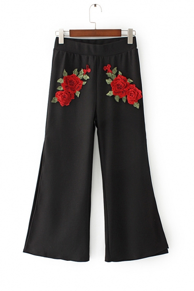 Fashion Embroidery Floral Pattern Split Cuffs Wide Leg Pants