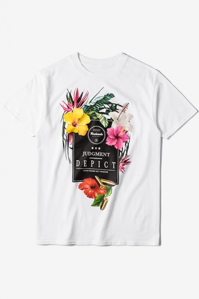 Fashion Floral Printed Short Sleeve Round Neck Casual Color Block Tee