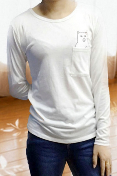 Fashion Pocket Cat Printed Long Sleeve Round Neck T-Shirt