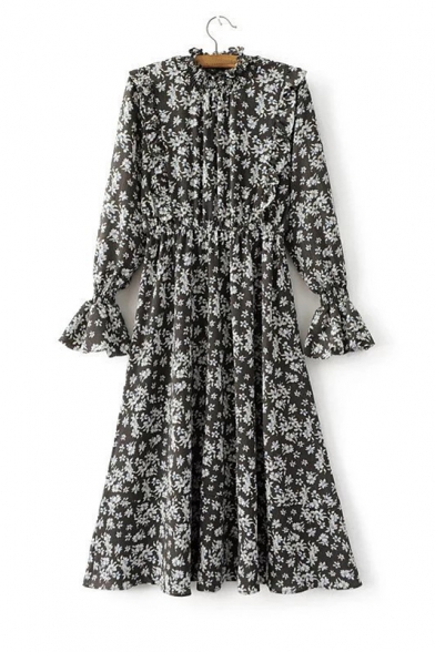 Floral Print Stand-Up Collar Long Sleeve Flare Cuff A-Line Dress