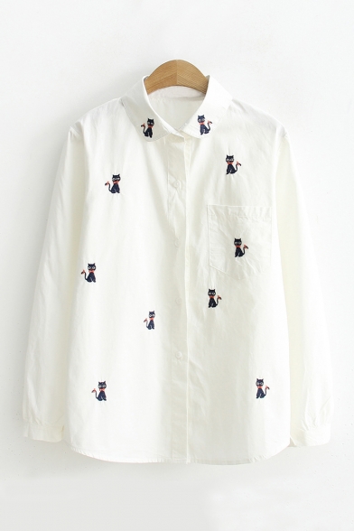 Girl's Lovely Cat Embroidery Lapel Collar Long Sleeve Button Down Shirt with One Pocket
