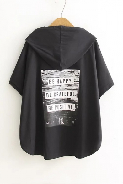 Graphic Printed Back Hooded Batwing Short Sleeve Tunic Tee
