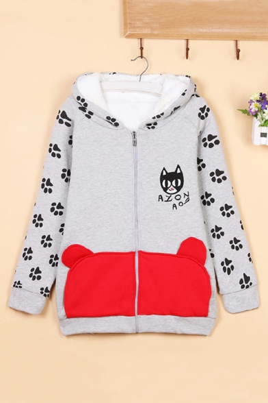 Lovely Cat Pattern Color Block Long Sleeve Hooded Zip Placket Cotton Coat