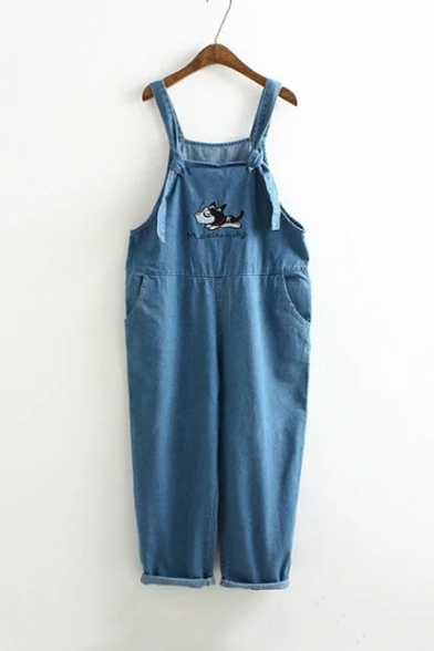 Lovely Dog Embroidery Casual Overall Denim Pants with Pockets