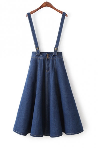 New Fashion Double Buttons Denim Overall A-Line Midi Skirt