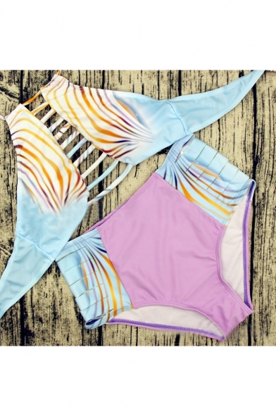 Sexy Cutout Striped Front Halter Color Block Printed Bikinis