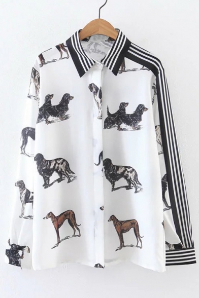 Striped Print Cute Dogs Print Lapel Collar Long Sleeve Single Breasted Shirt