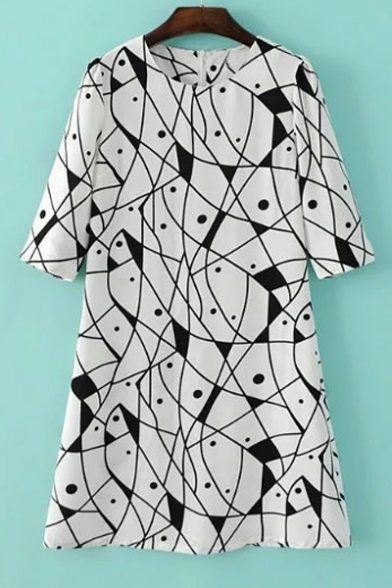 Summer's Fish Patterns Round Neck Short Sleeve Zip Back A-Line Mini Dress