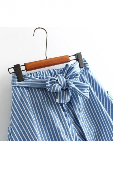 Vertical Striped Print Elastic Waist Bow Design Basic Skort