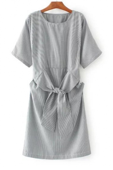 Women's Vertical Striped Half Sleeve Tied Bow Front Midi Dress with Two Pockets