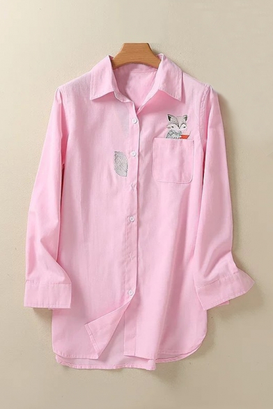 Cute Pocket Embroidery Fox Single Breasted Lapel Tunic Shirt