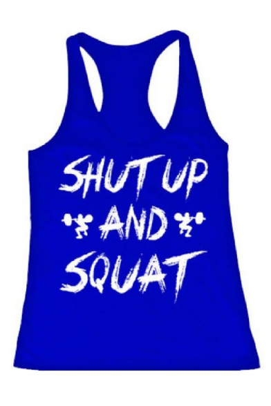 Funny SHUT UP AND SQUAT Letter Printed Sleeveless Scoop Neck Tank