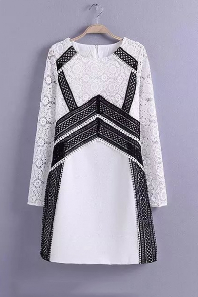 Lace Patchwork Color Block Long Sleeve Round Neck Zip-Back Mini Dress