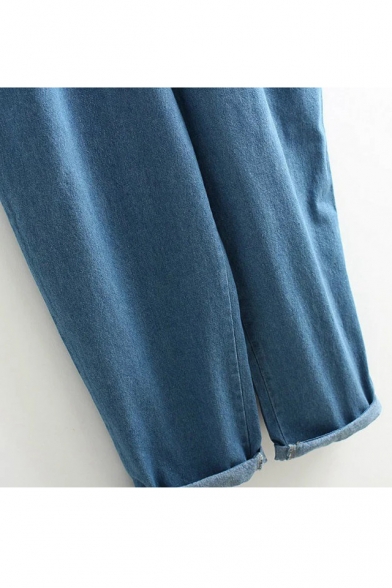 Lovely Dog Embroidery Casual Overall Denim Pants with Pockets