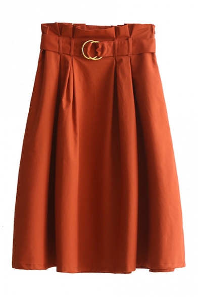 New Arrival Metal Ring Belted Waist Plain Casual Flare A-Line Skirt