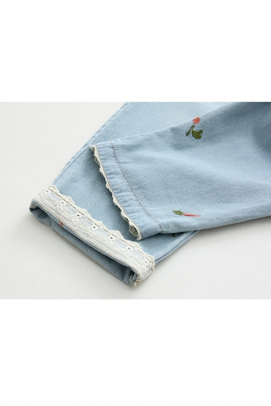 New Stylish Drawstring High Waist Embroidery Pattern Lace Cuffs Cropped Jeans