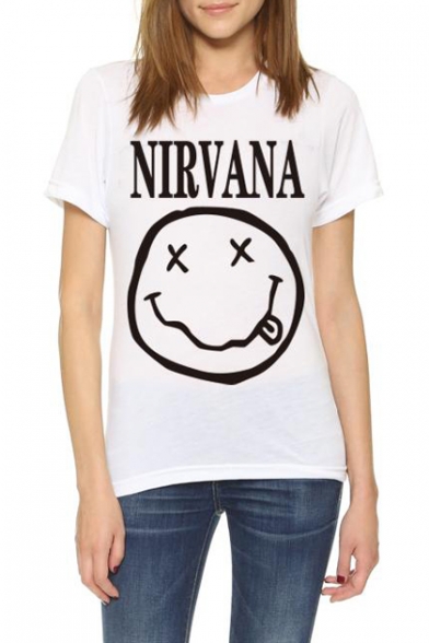 NIRVANA Letter Face Printed Short Sleeve Round Neck Tee