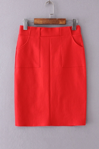 OL Stylish High Waist Split Back Hem Plain Mini Bodycon Skirt with Two Pockets