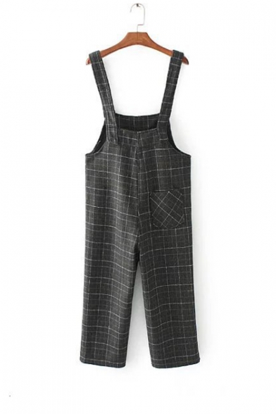 Women's Casual Plaid Straps Overalls with Two Pockets