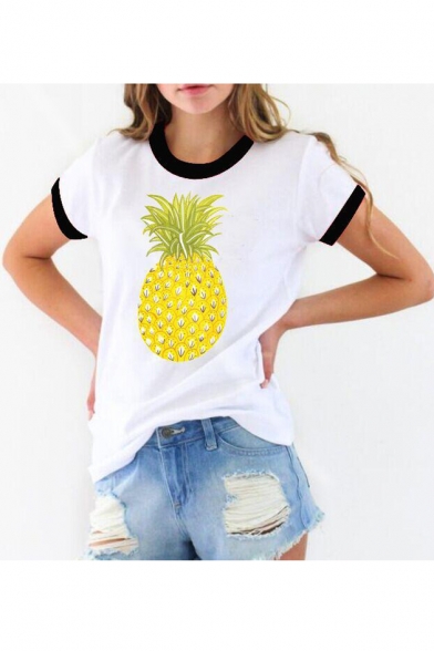 Cute Pineapple Print Color Block Round Neck Short Sleeve Tee