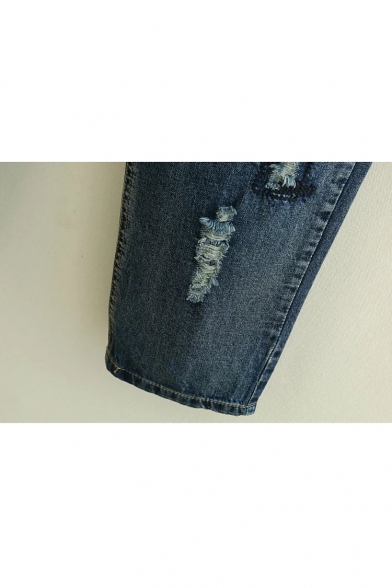 Drawstring Elastic Mid Waist Ripped Embroidery Pattern Cropped Jeans