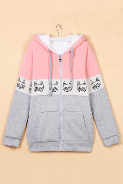 Drawstring Hooded Cat Printed Color Block Zip Up Hoodie Sweatshirt