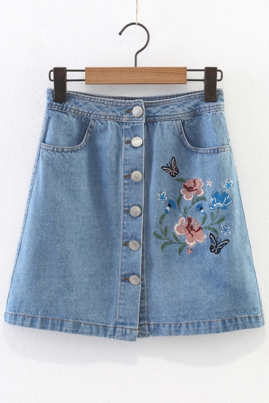 Embroidery Butterfly Floral Pattern Single Breasted Mini A-Line Denim Skirt