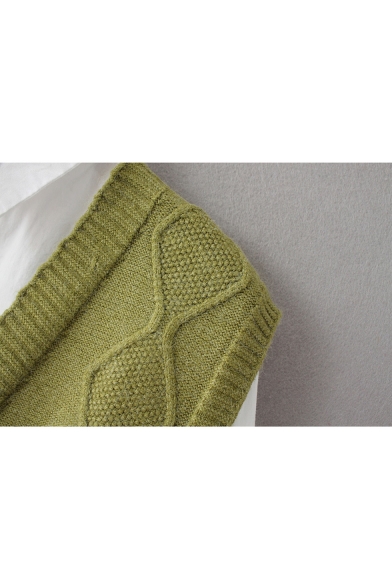 High Low Hem Single Breasted V-Neck Sleeveless Rhombus Crochet Knitted Cardigan Vest