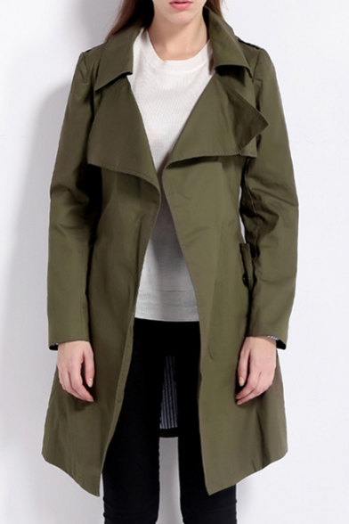 New Arrival Notched Lapel Collar Long Sleeve Gathered Waist Trench Coat