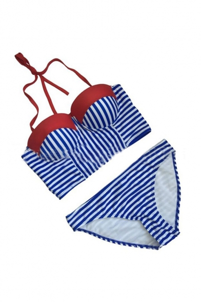 New Fashion Color Block Classic Striped Print Halter Neck Push Up Bikini Swimwear