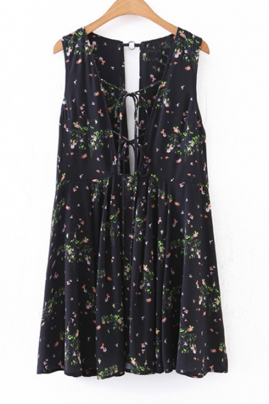New Fashion Lace-Up V Neck Sleeveless Floral Print Open Back Pleated Dress