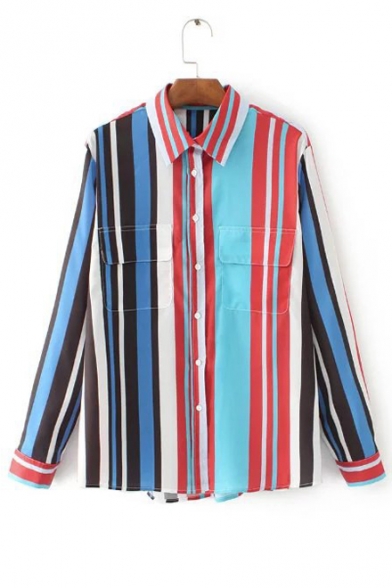 New Stylish Vertical Striped Color Block Lapel Single Breasted Shirt with Two Pockets