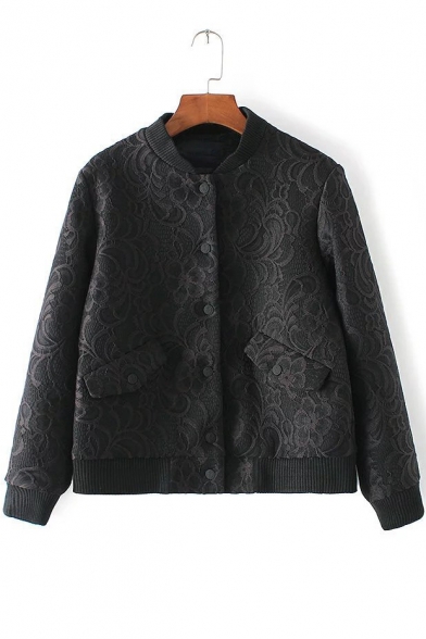 Spring New Arrival Plain Stand-Up Collar Single Breasted Lace Patched Baseball Coat