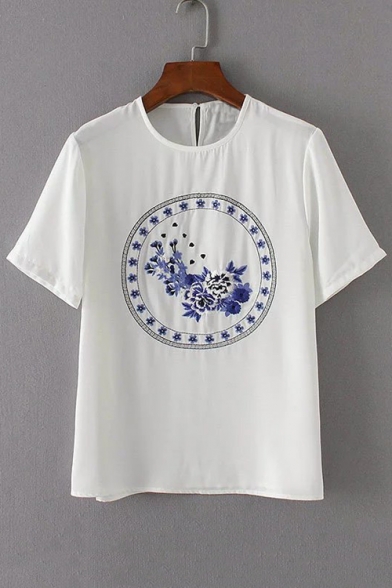 Summer Round Neck Short Sleeve Porcelain Embroidery Casual T-Shirt