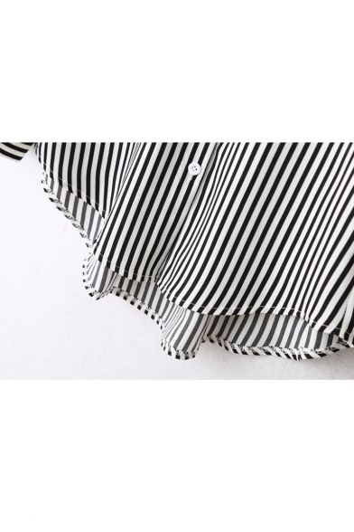 Vertical Striped Print Lapel Collar Long Sleeve Shirt Plain Wrap Mini Dress Co-ords