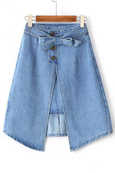 Bow Front Buttons Down Slit Front Wash Blue Bodycon Denim Skirt