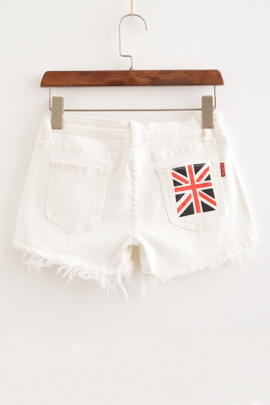 British Flag Printed Back Pocket Low Waist Tassel Denim Shorts