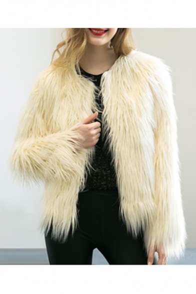 Chic Elegant Long Sleeve Collarless Open-Front Plain Faux Fur Coat